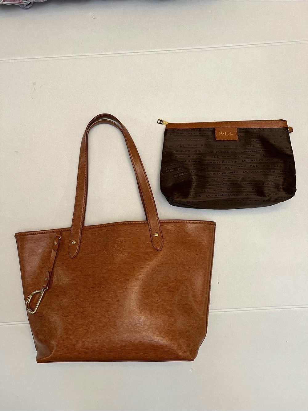Ralph Lauren Cognac Leather Tote with Dark Brown Logo Pouch